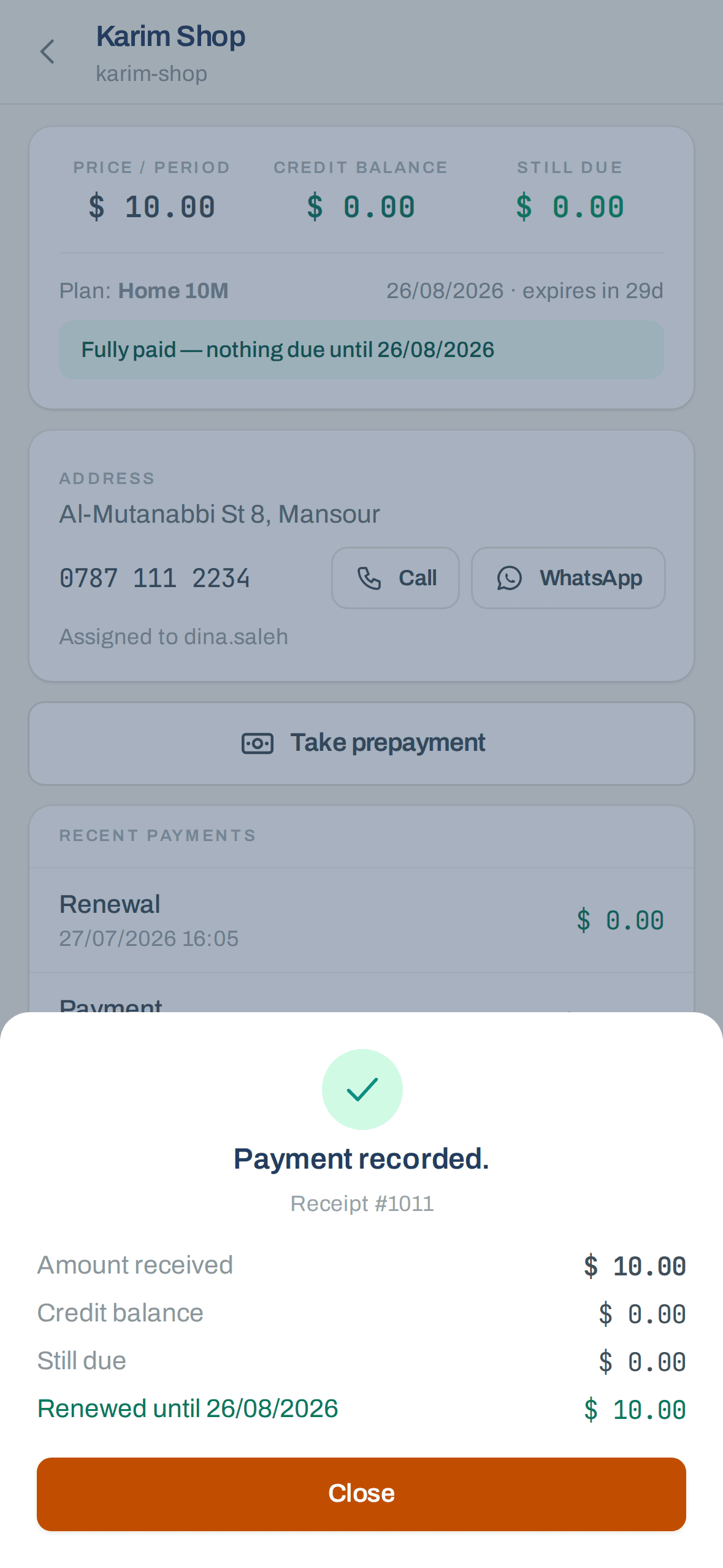 Jibaya app receipt: receipt number, amount received, credit balance, still due and renewal date