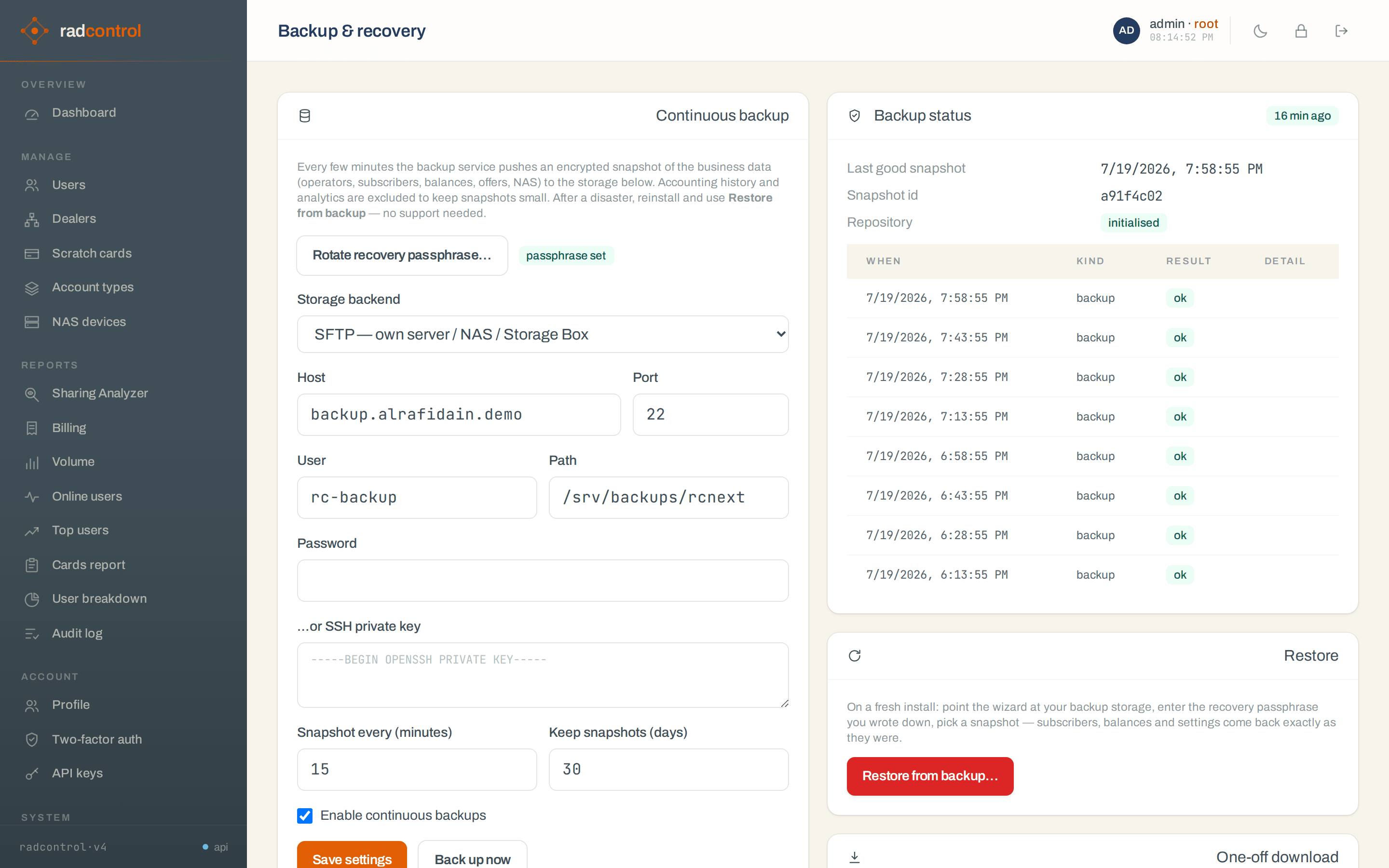 Backup and recovery page: continuous encrypted snapshots, run history and restore wizard