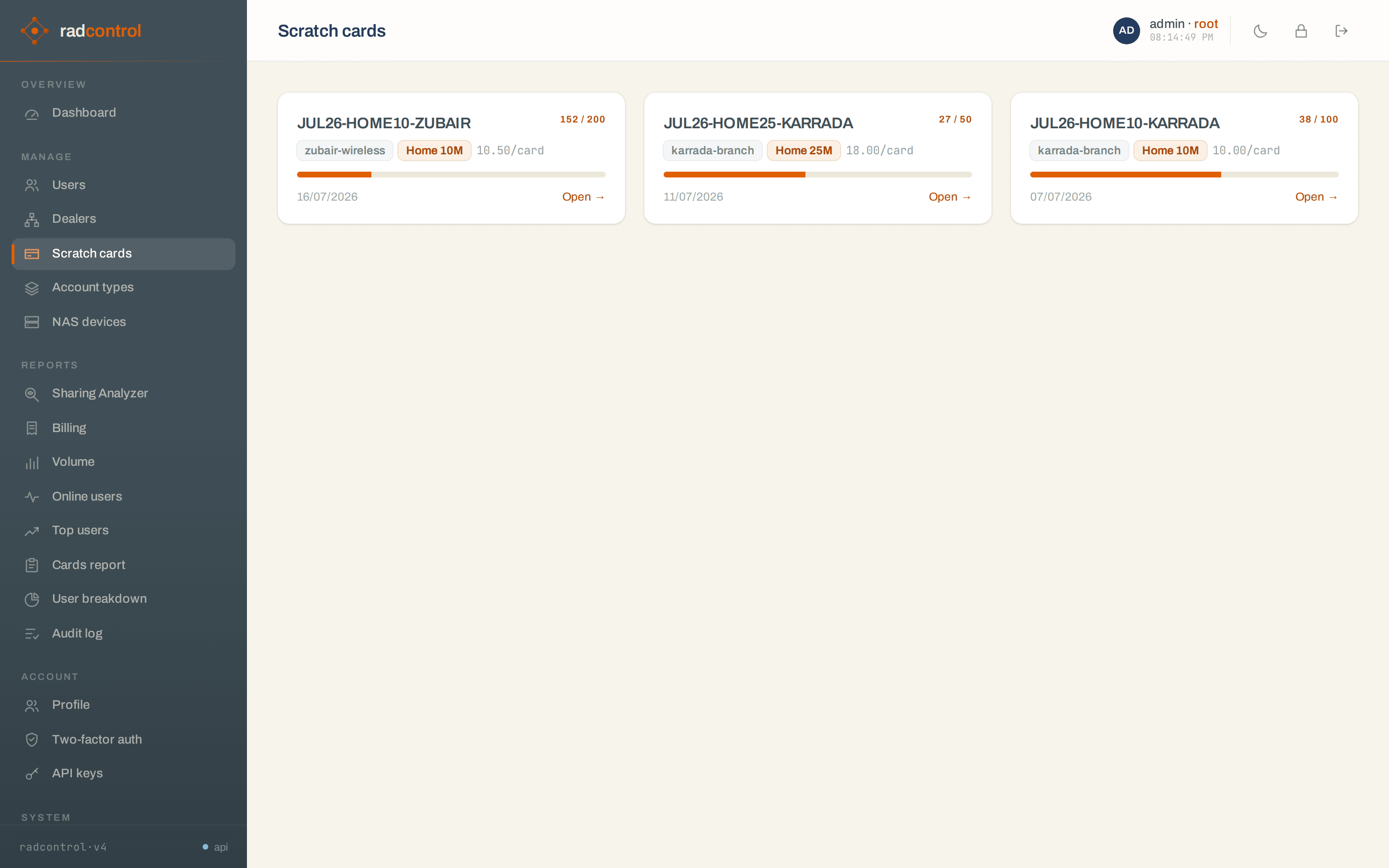 Scratch-card batches with activation progress