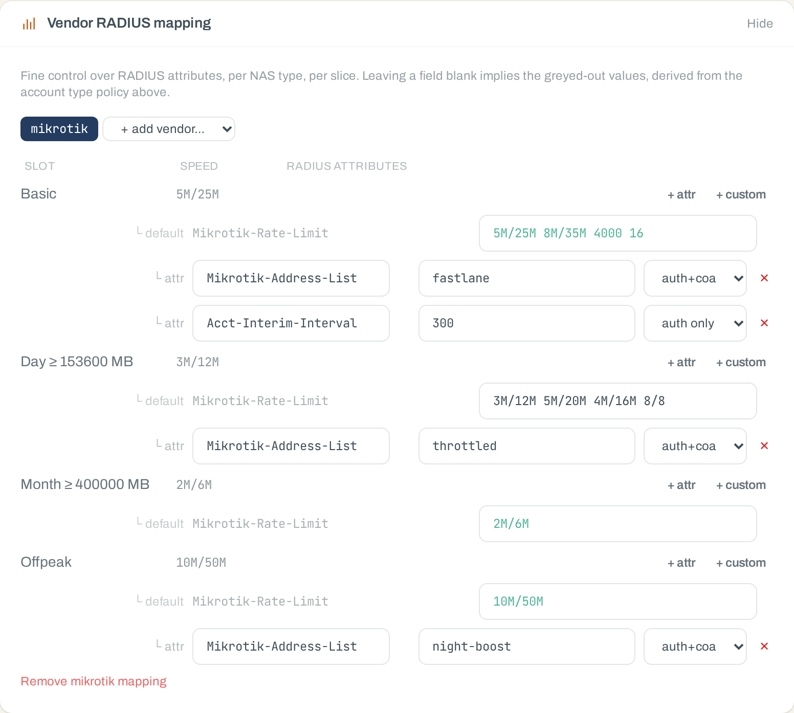 Per-tier vendor RADIUS mapping: two day tiers and a booster slot with default attributes and extra AVPs