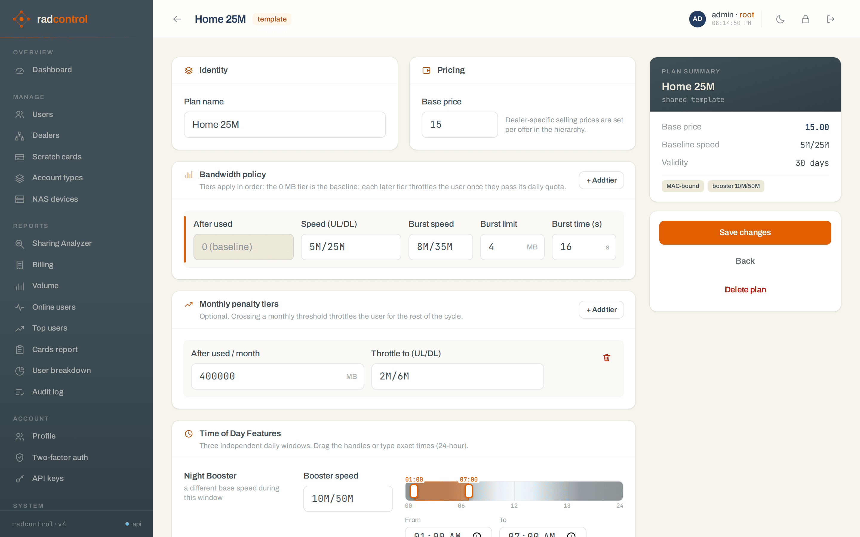 Account type editor: speeds, tiers, burst and time windows